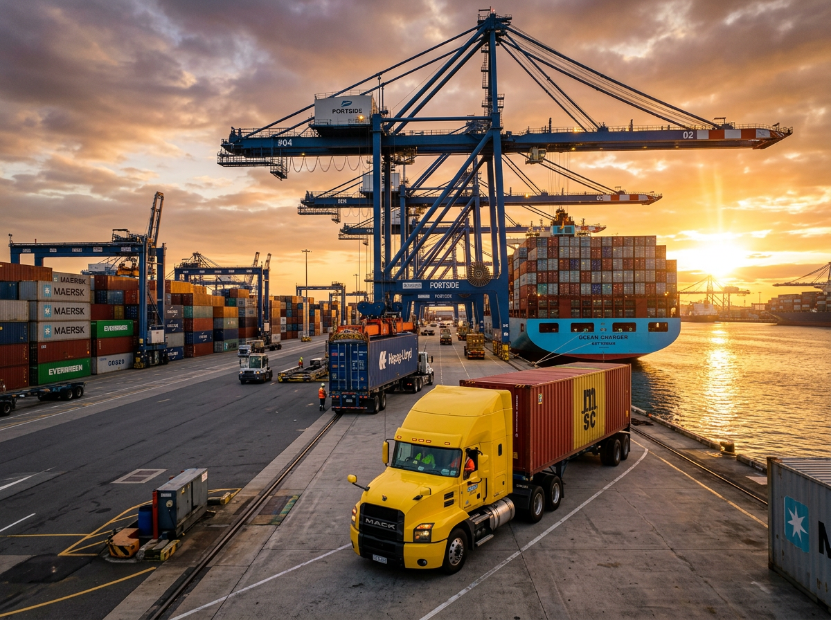 Container terminal with gantry cranes at sunset